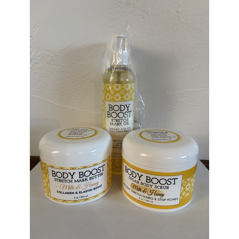 New 3 Piece Set-Body Boost Milk & Honey Stretch Mark Butter, Sugar Scrub, &‎ Oil